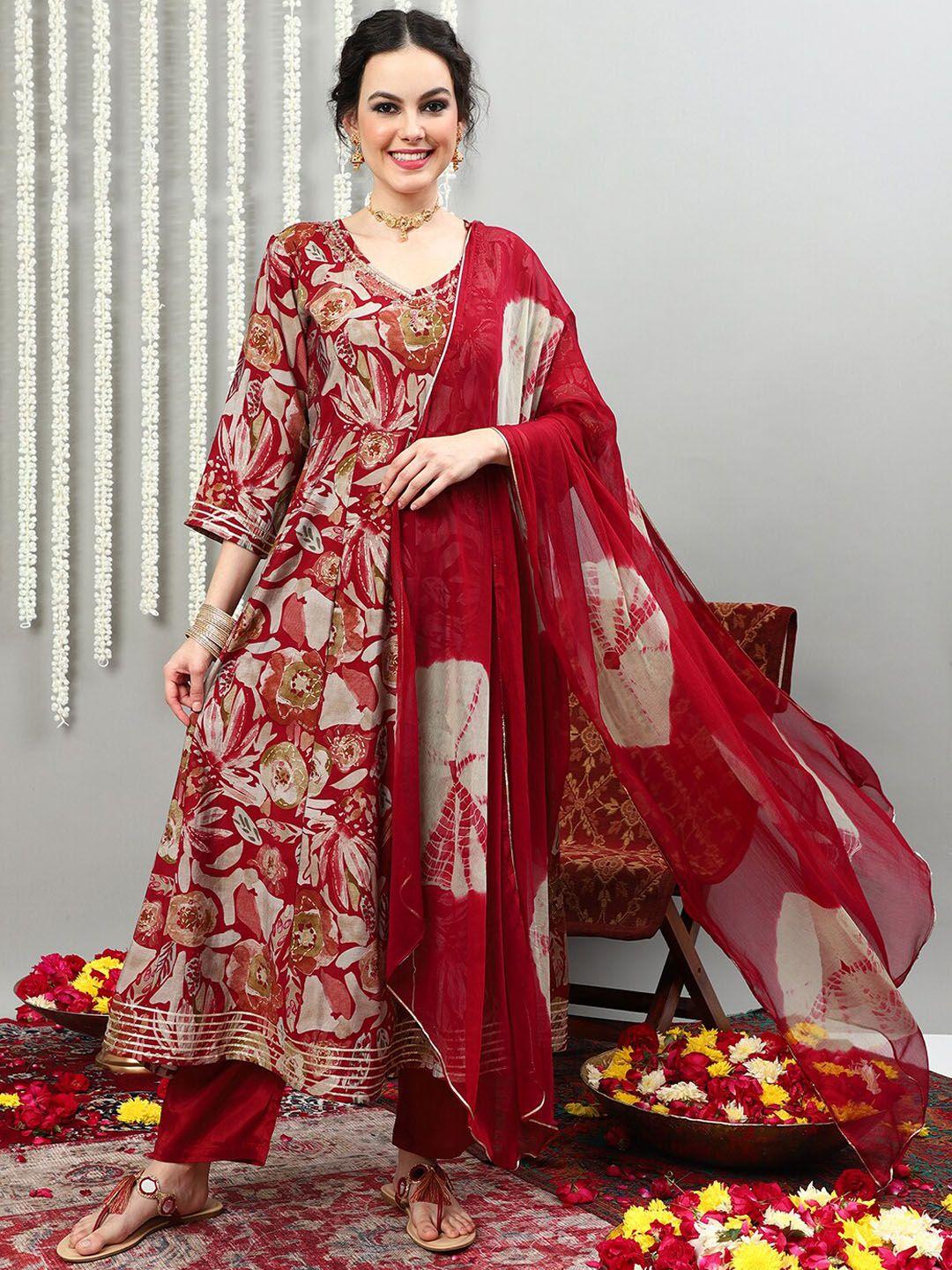 vastramyaa women maroon floral printed regular beads and stones pure silk kurta with palazzos & with dupatta