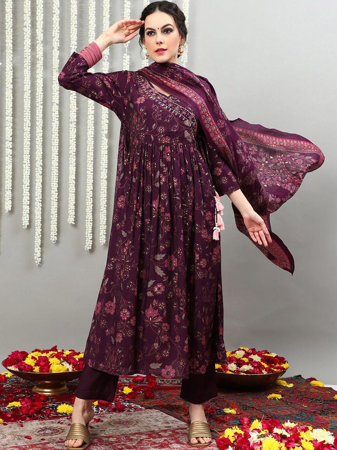 vastramyaa women purple floral printed regular beads and stones pure silk kurta with palazzos & with dupatta