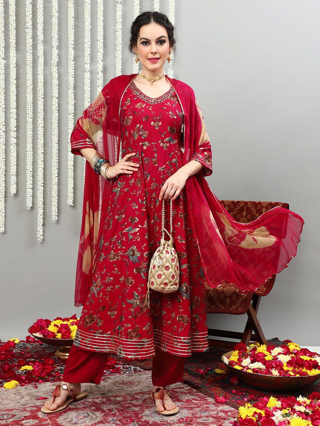 vastramyaa women red floral printed regular beads and stones pure silk kurta with palazzos & with dupatta