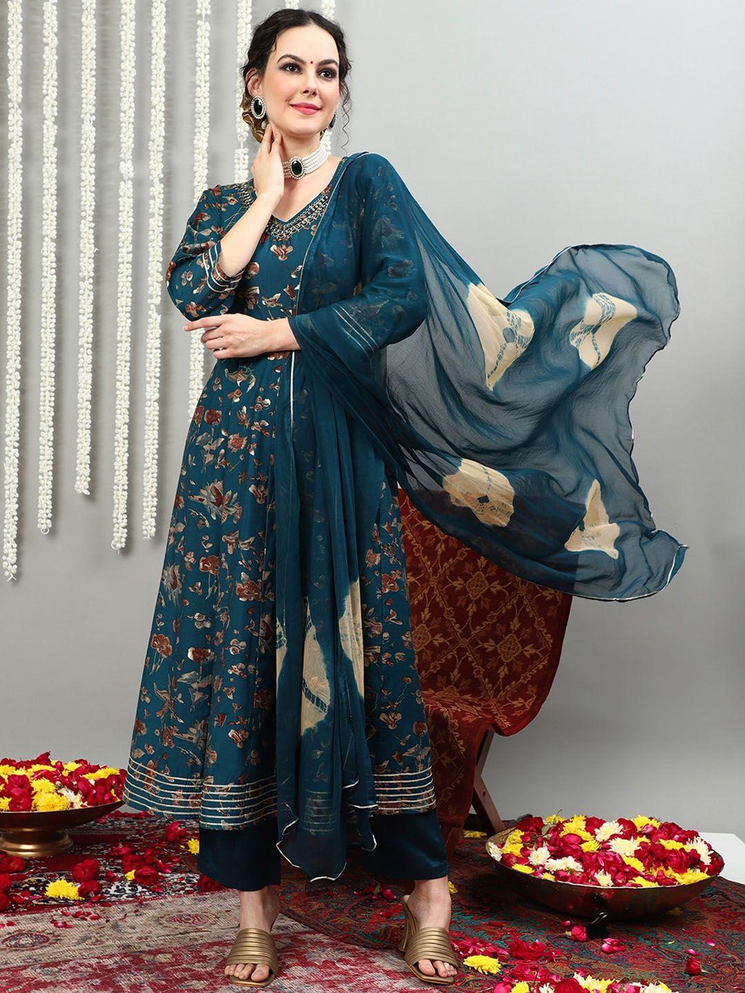 vastramyaa women teal floral printed regular beads and stones pure silk kurta with palazzos & with dupatta