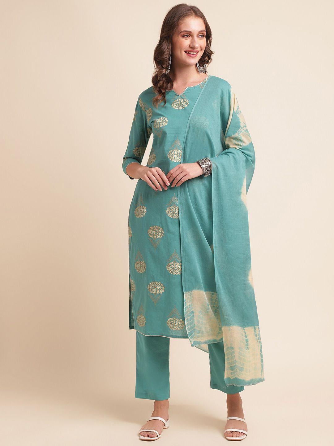 vastramyaa women turquoise blue ethnic motifs printed regular pure cotton kurta with trousers & with dupatta