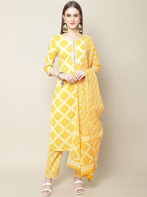 vastramyaa yellow cotton printed kurta pant set with dupatta