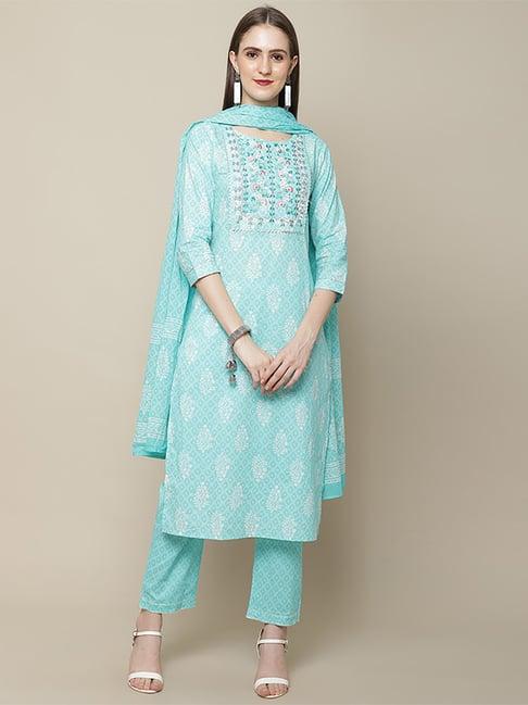vastramyaa blue cotton embroidered kurta pant set with dupatta