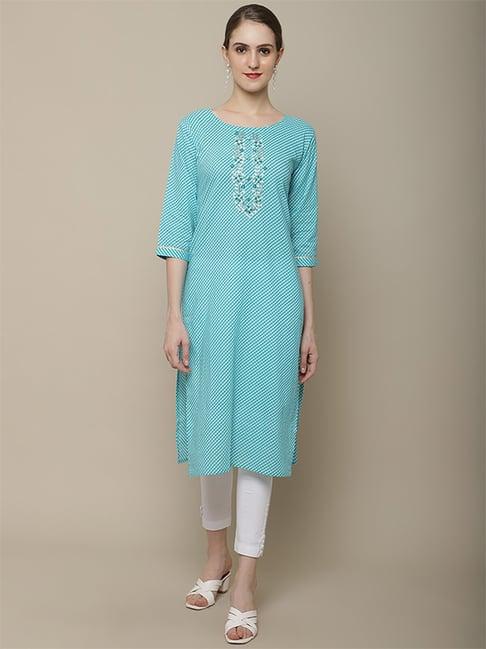 vastramyaa blue cotton embroidered straight kurta