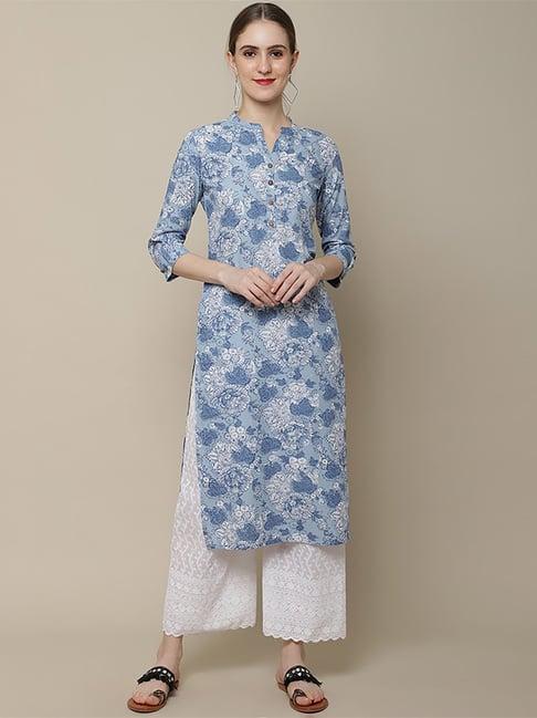 vastramyaa blue cotton floral print straight kurta