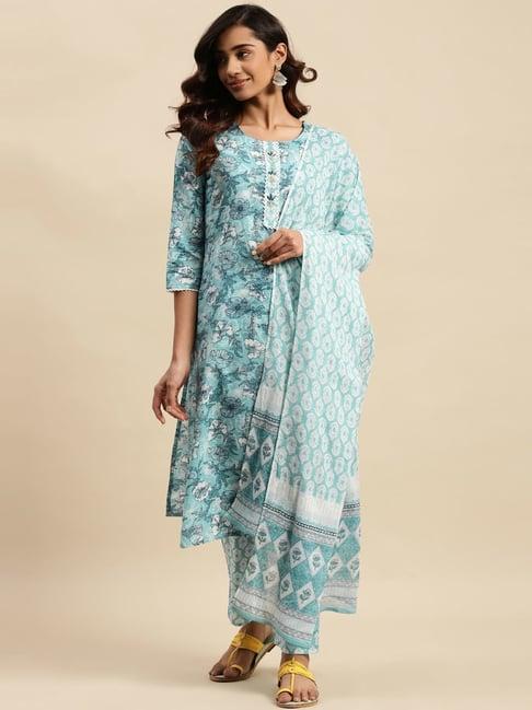 vastramyaa blue cotton printed kurta pant set with dupatta