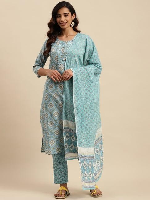 vastramyaa blue cotton printed kurta pant set with dupatta