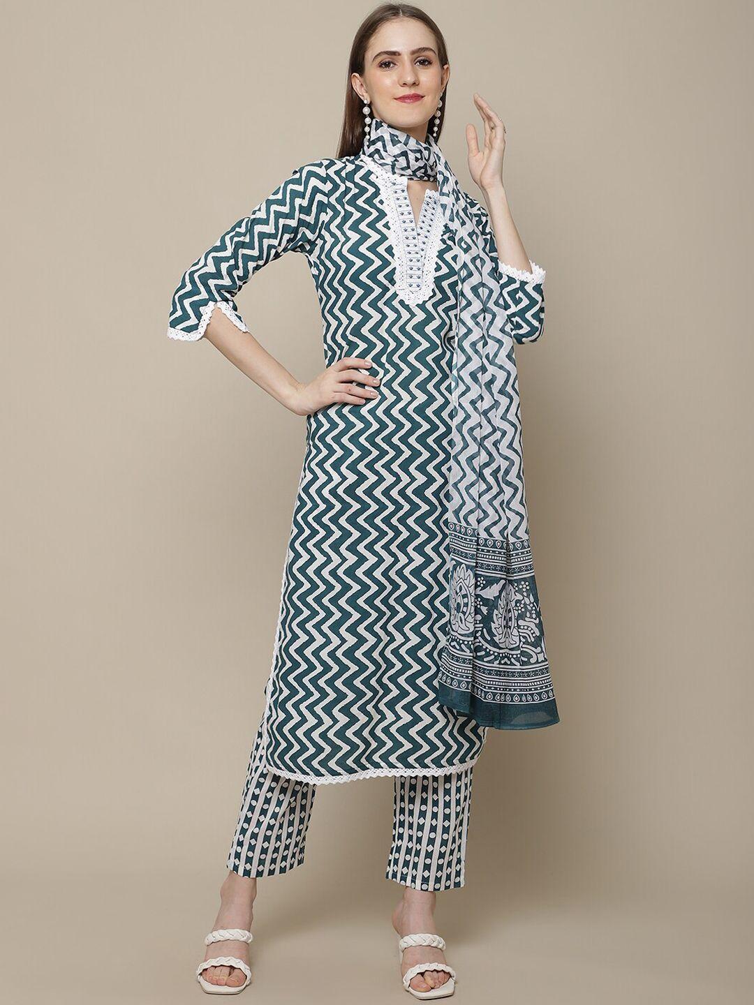 vastramyaa chevron printed v-neck regular pure cotton kurta with trousers & with dupatta