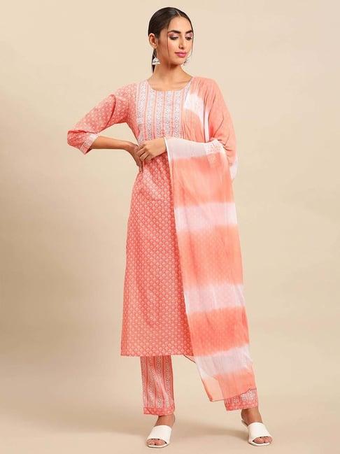 vastramyaa coral cotton printed kurta pant set with dupatta