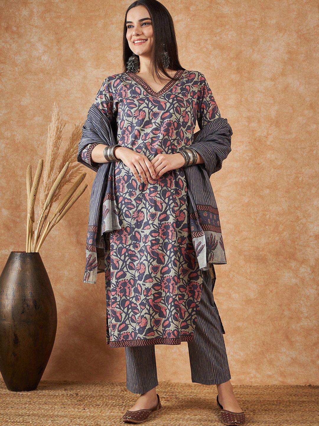 vastramyaa floral printed mirror work pure cotton kurta with trousers & dupatta