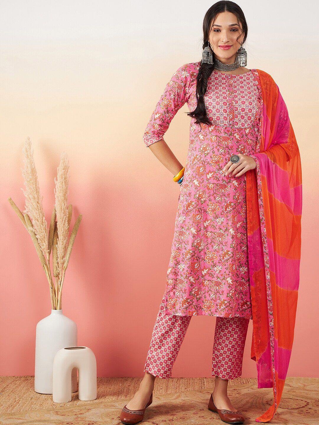 vastramyaa floral printed regular gotta patti pure cotton kurta with trousers & dupatta