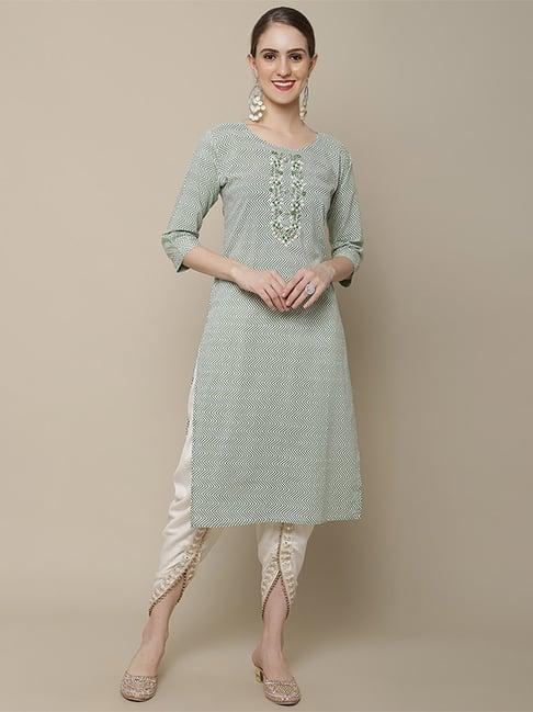vastramyaa green & white cotton embroidered straight kurta