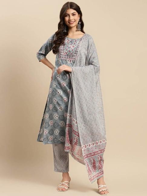 vastramyaa grey & white cotton embellished kurta with pants & dupatta