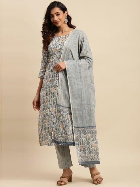 vastramyaa grey cotton printed kurta pant set with dupatta