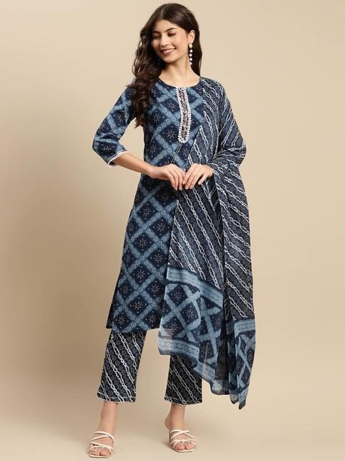 vastramyaa indigo blue & off white cotton printed kurta with pants & dupatta