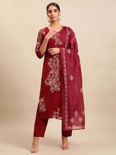 vastramyaa maroon cotton printed kurta pant set with dupatta
