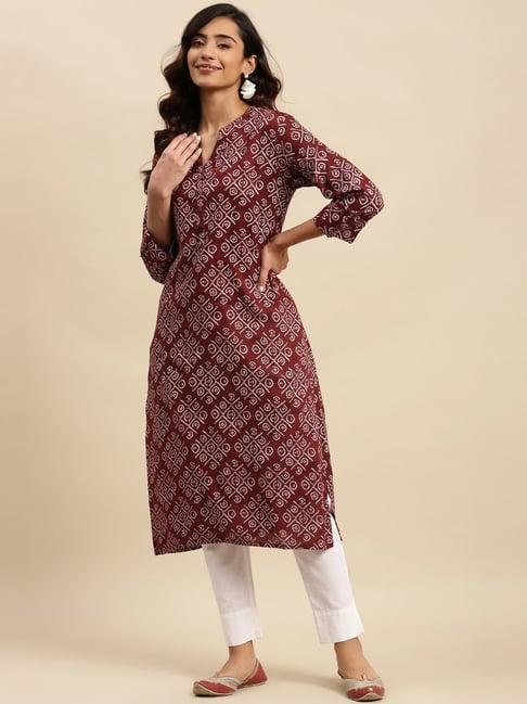 vastramyaa maroon cotton printed straight kurta