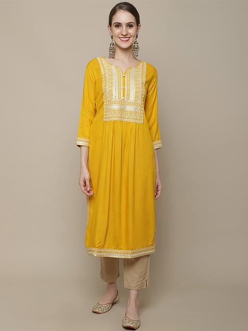 vastramyaa mustard cotton embroidered straight kurta