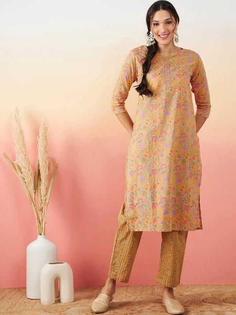 vastramyaa mustard cotton floral kurta pant set