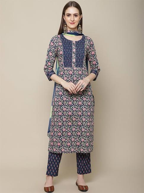 vastramyaa navy cotton floral print kurta pant set with dupatta