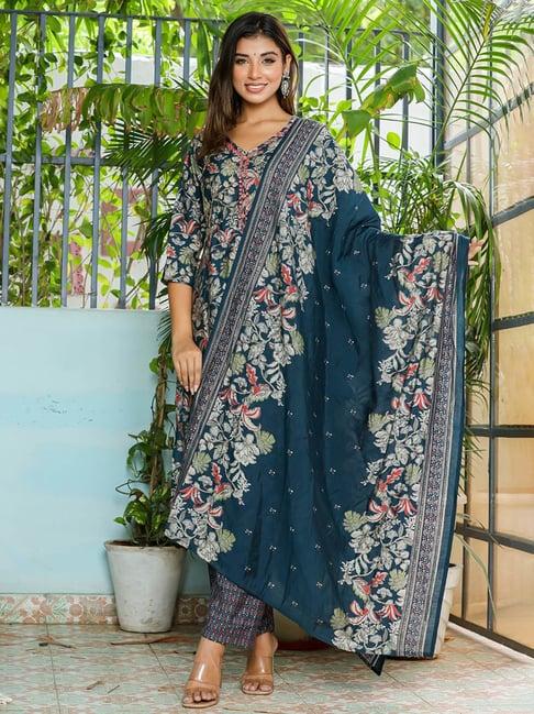 vastramyaa navy silk floral kurta with pant & dupatta