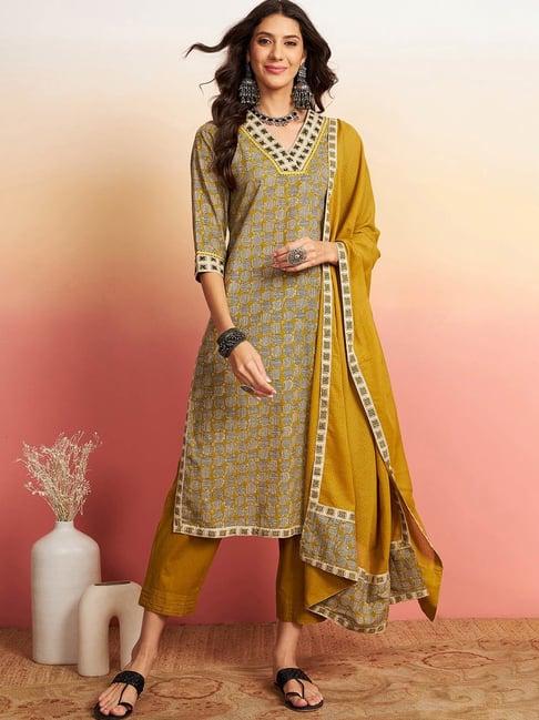 vastramyaa olive cotton printed kurta with pant & dupatta