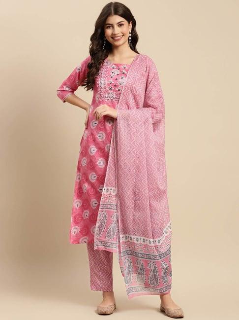 vastramyaa pink & off white cotton embellished kurta with pants & dupatta