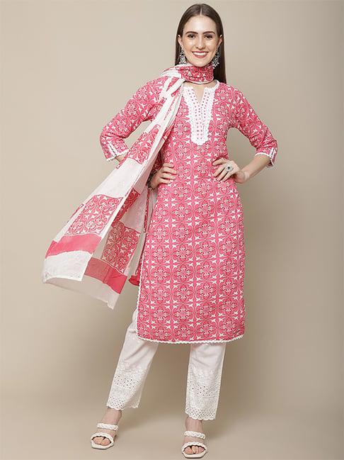 vastramyaa pink & white cotton printed kurta pant set with dupatta