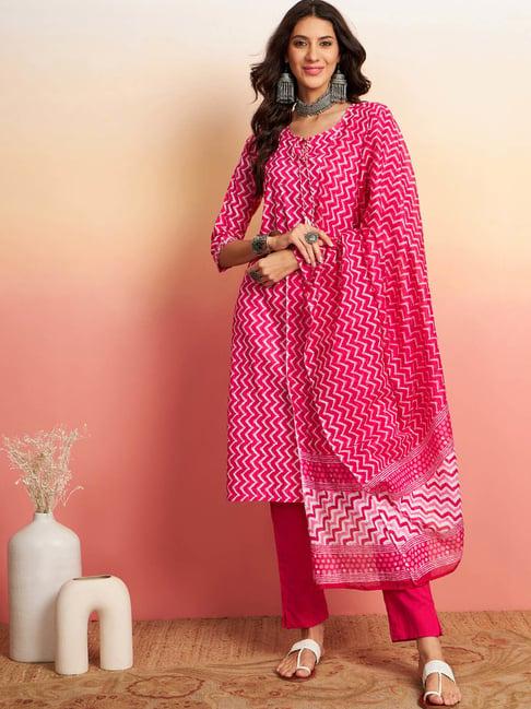 vastramyaa pink & white cotton printed kurta with pant & dupatta