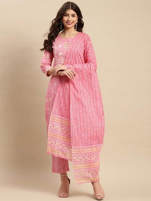 vastramyaa pink cotton floral kurta with pants & dupatta