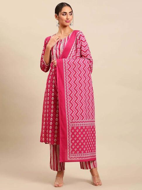 vastramyaa pink cotton printed kurta pant set with dupatta