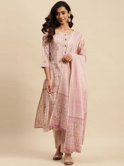 vastramyaa pink cotton printed kurta pant set with dupatta
