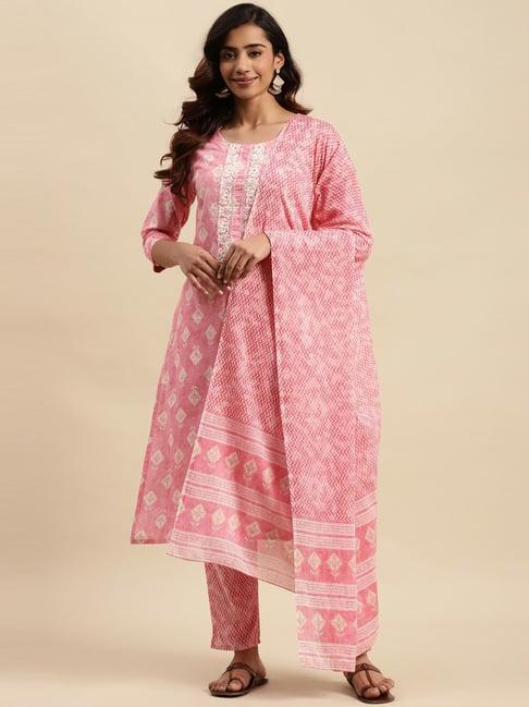 vastramyaa pink cotton printed kurta pant set with dupatta