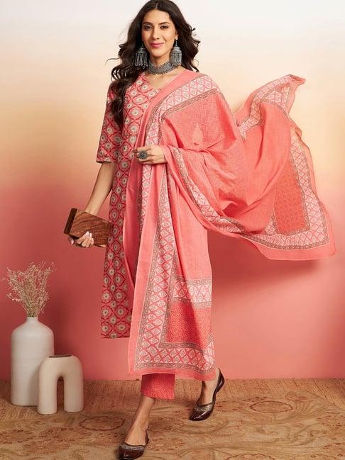 vastramyaa pink cotton printed kurta with pant & dupatta