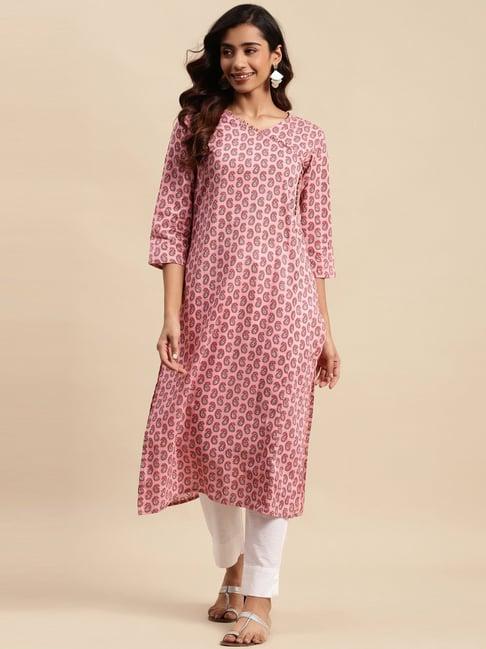 vastramyaa pink cotton printed straight kurta