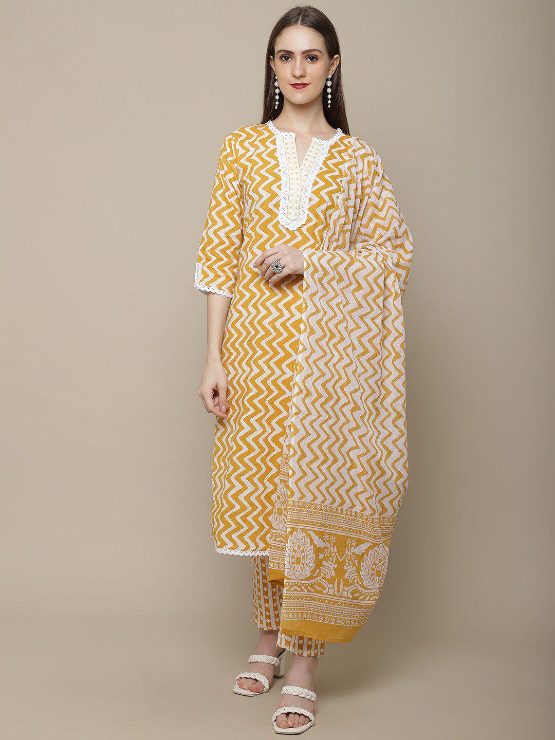 vastramyaa printed regular thread work pure cotton kurta with trousers & with dupatta