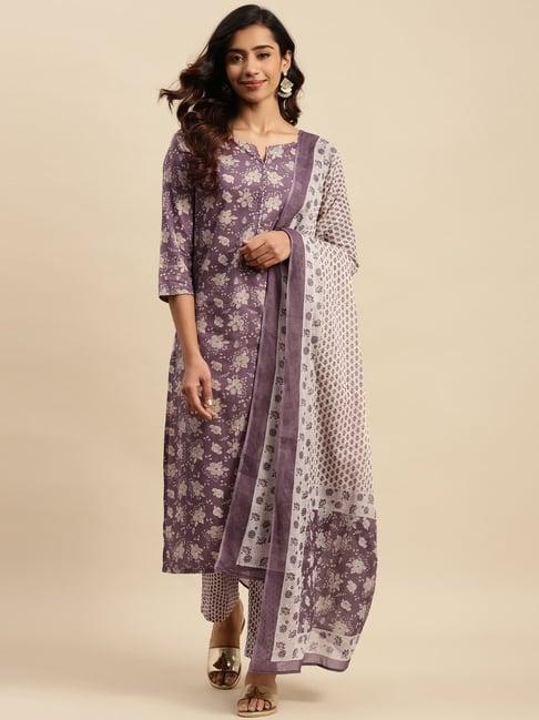 vastramyaa purple cotton printed kurta pant set with dupatta