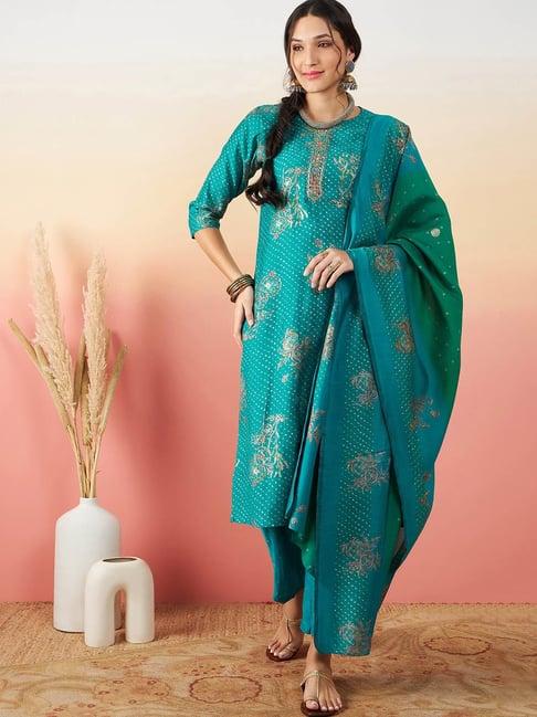 vastramyaa rama green silk floral kurta with pant & dupatta