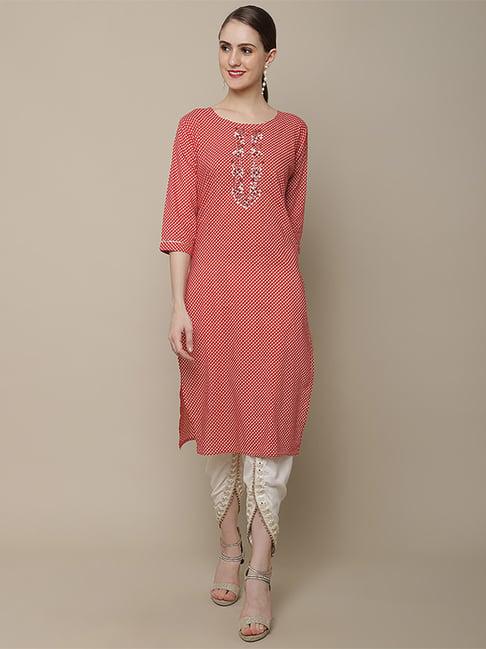 vastramyaa red cotton embroidered straight kurta