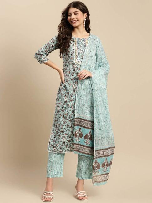 vastramyaa sea green & brown cotton embellished kurta with pants & dupatta