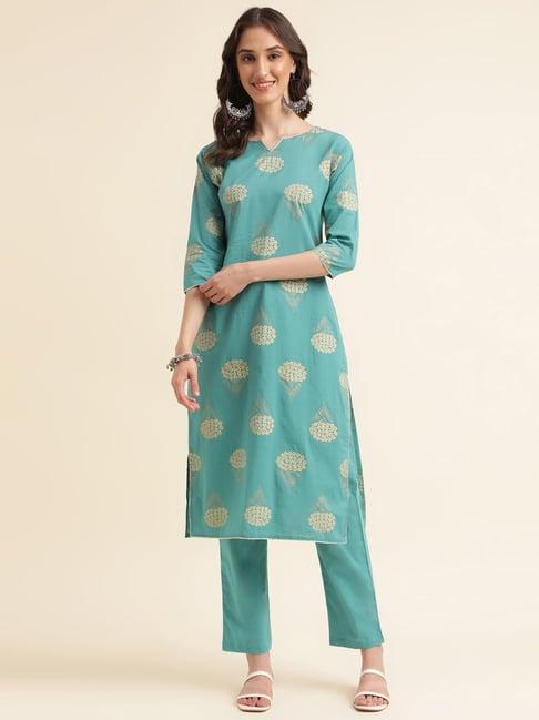 vastramyaa sky blue & gold cotton foil print kurta pant set