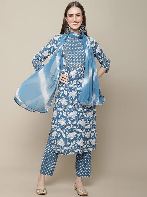 vastramyaa teal blue cotton embroidered kurta pant set with dupatta