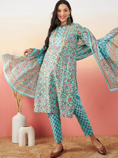 vastramyaa turquoise cotton floral kurta with pant & dupatta