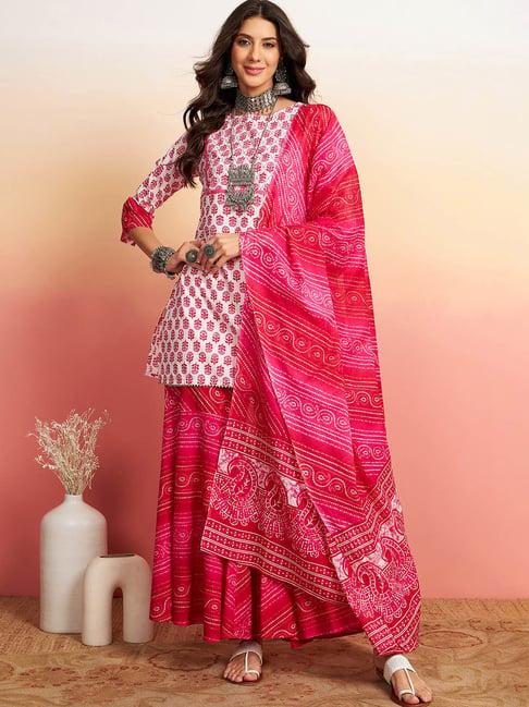 vastramyaa white & pink cotton block print tunic & sharara with dupatta