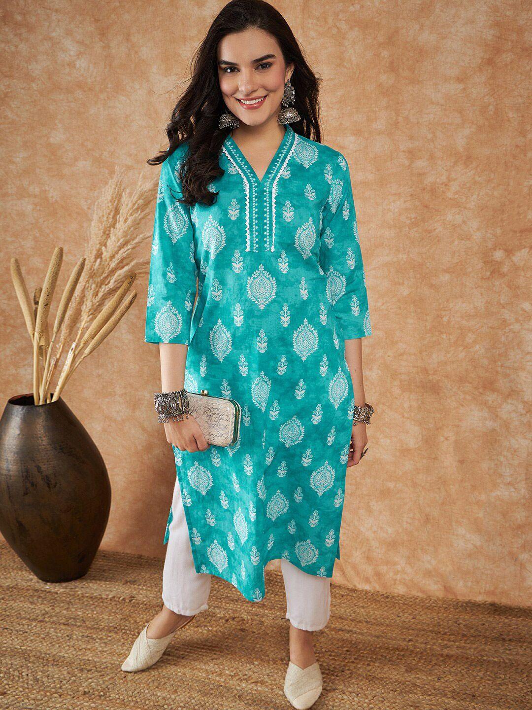 vastramyaa women blue & white ethnic motifs printed block print kurta