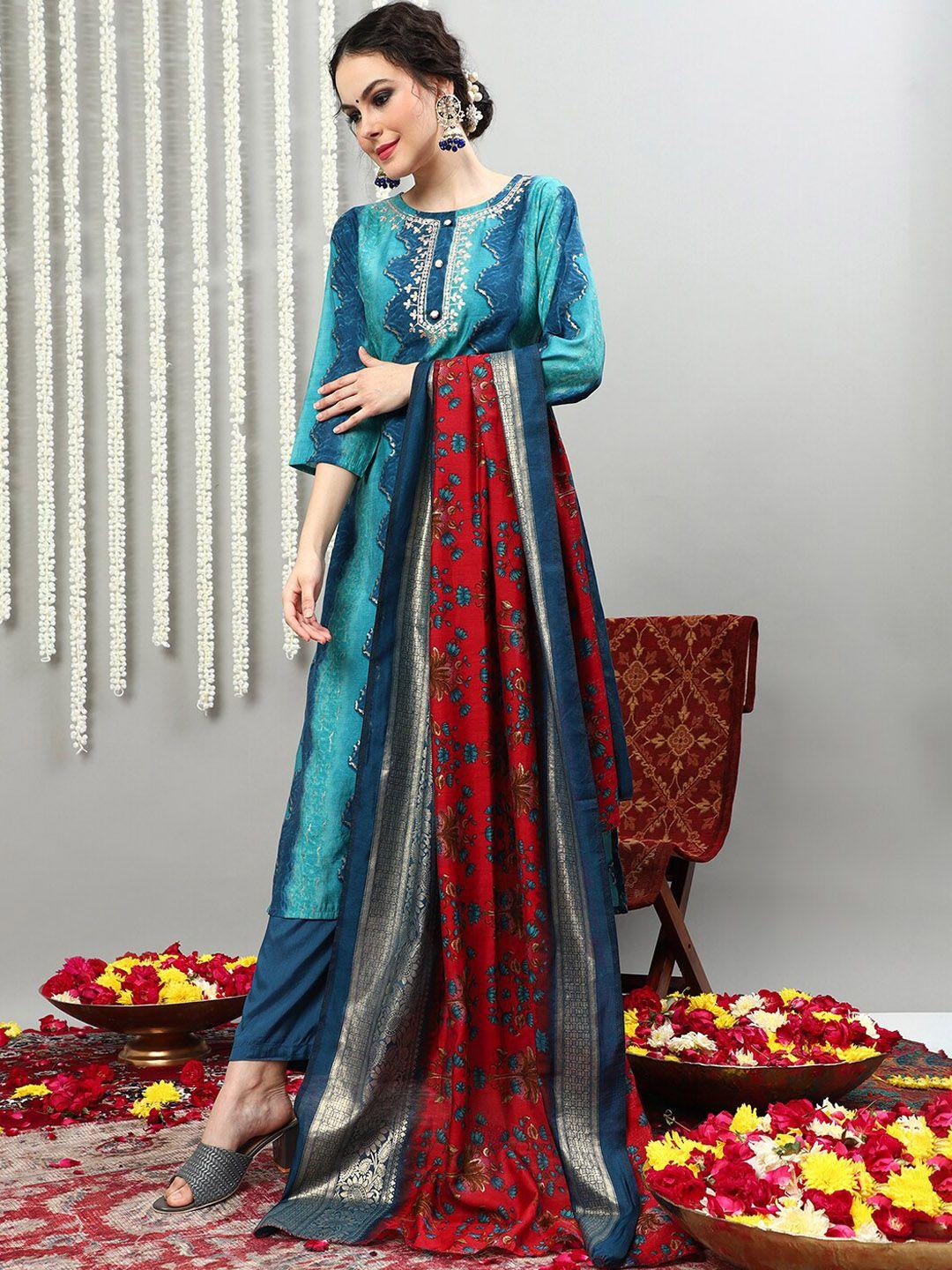 vastramyaa women blue printed regular beads and stones pure silk kurta with palazzos & with dupatta