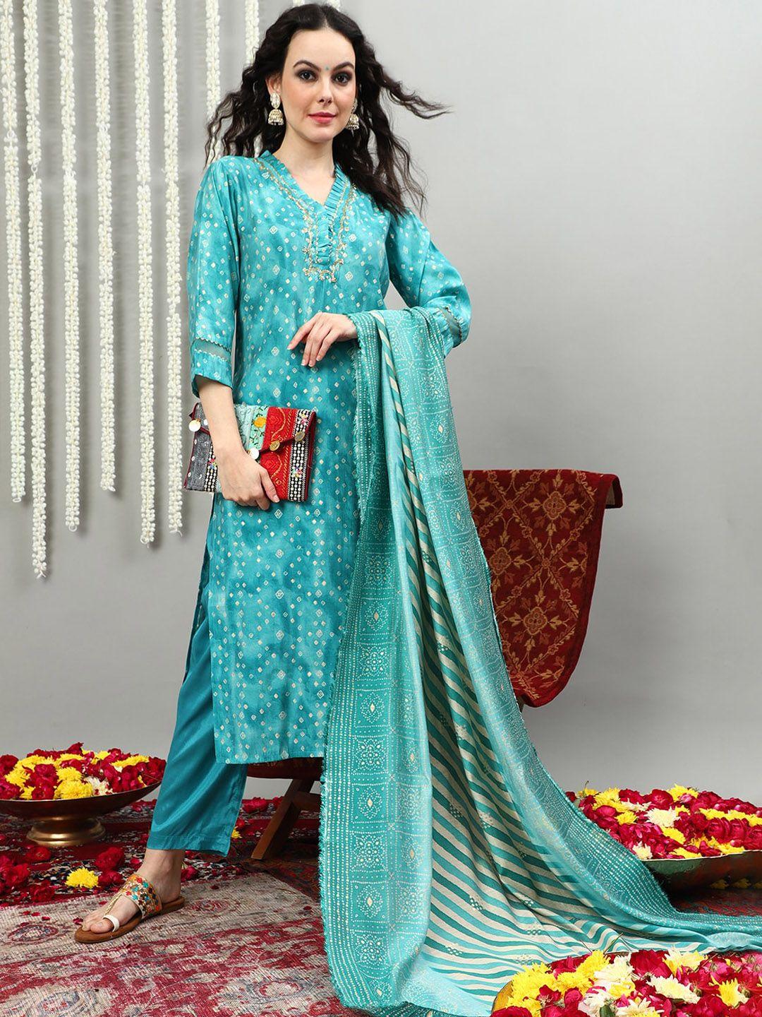 vastramyaa women blue printed regular beads and stones pure silk kurta with palazzos & with dupatta