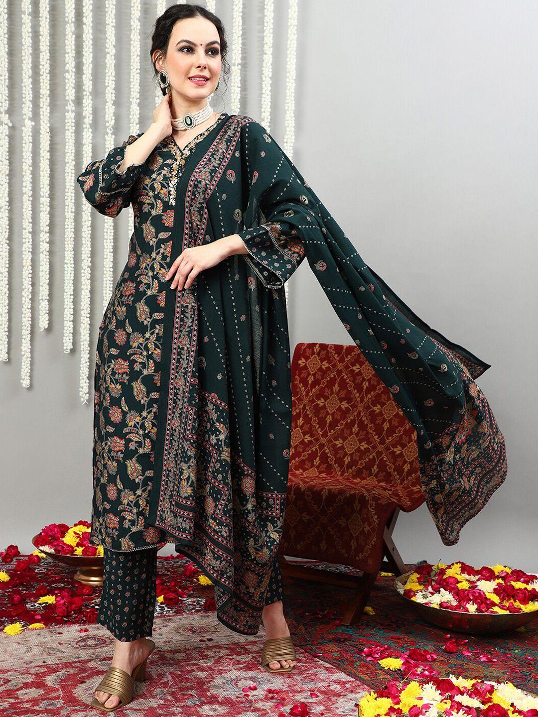 vastramyaa women green floral printed regular pure silk kurta with palazzos & with dupatta