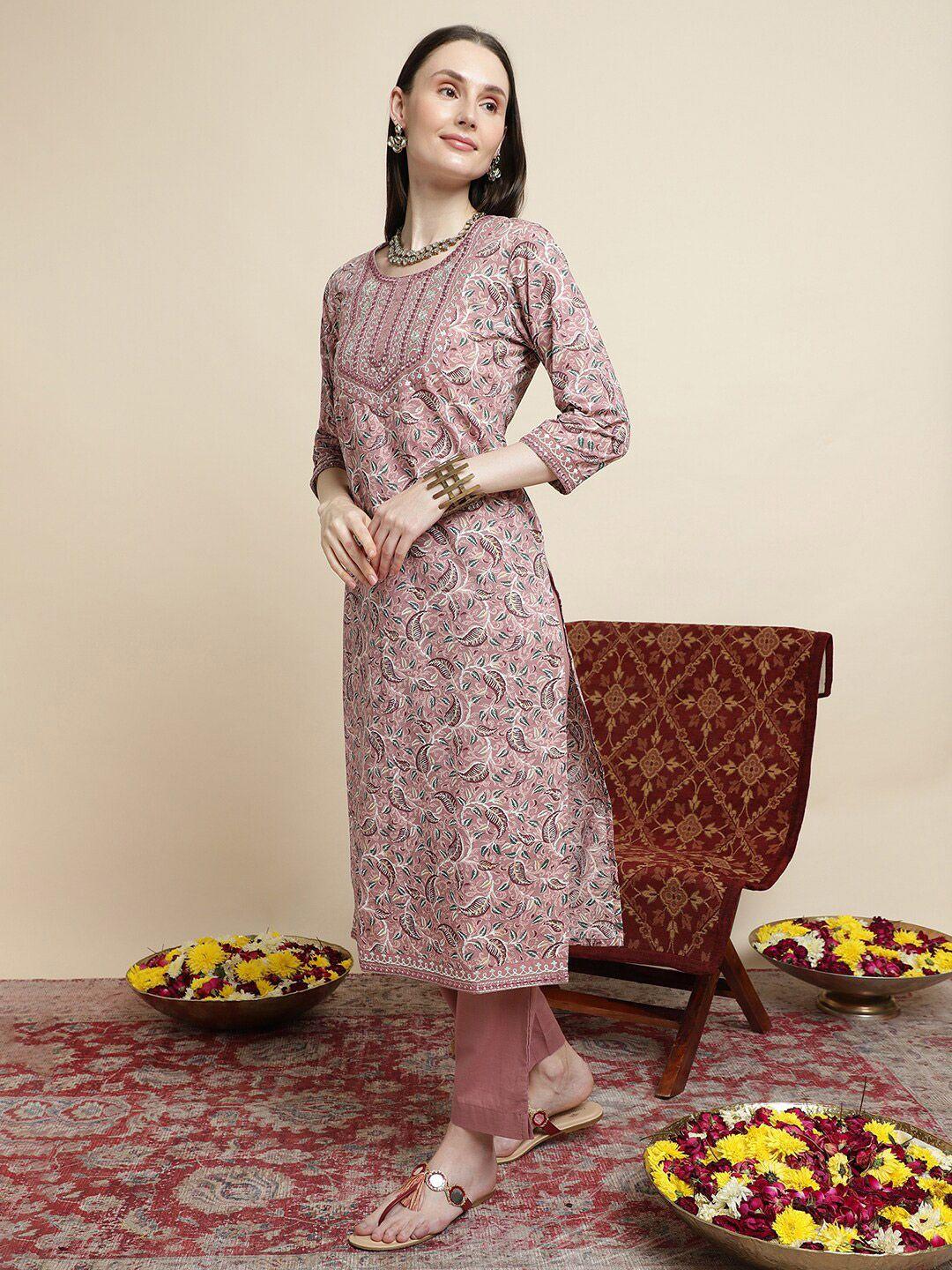 vastramyaa women peach-coloured floral printed regular thread work pure cotton kurta with trousers & with