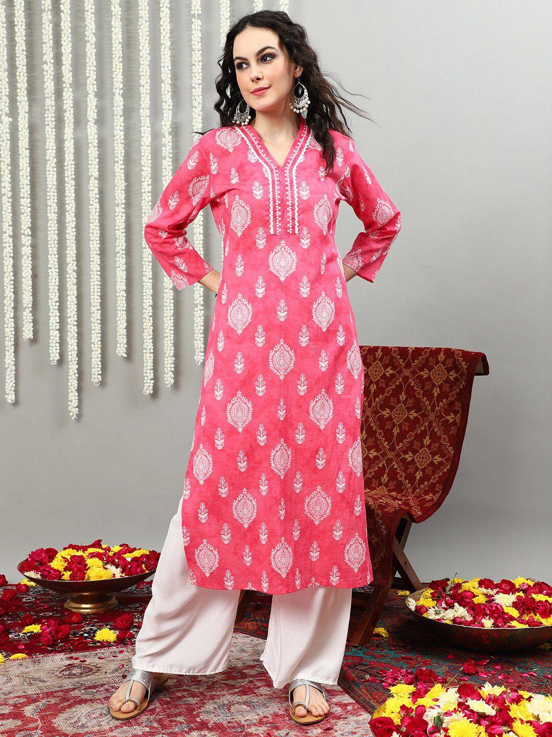 vastramyaa women pink & white ethnic motifs printed block print kurta